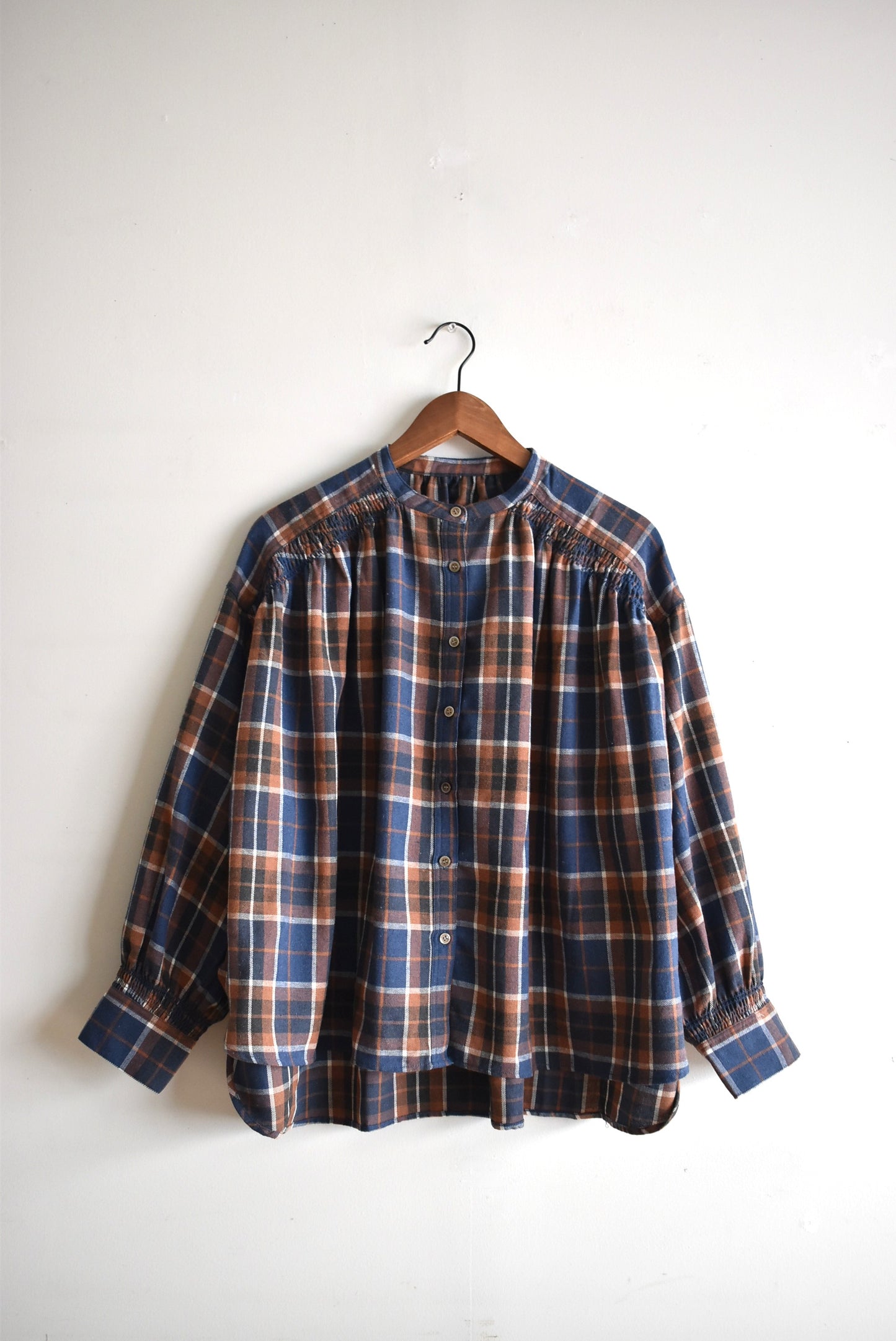 「hunch」check nel gather shirts -blue/brown-