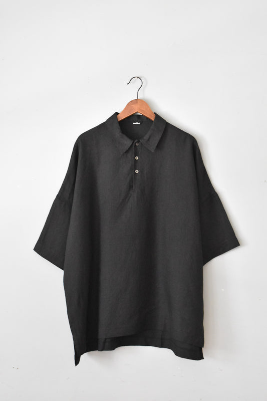 「maillot」mature canvas linen big polo shirt-tee -black-