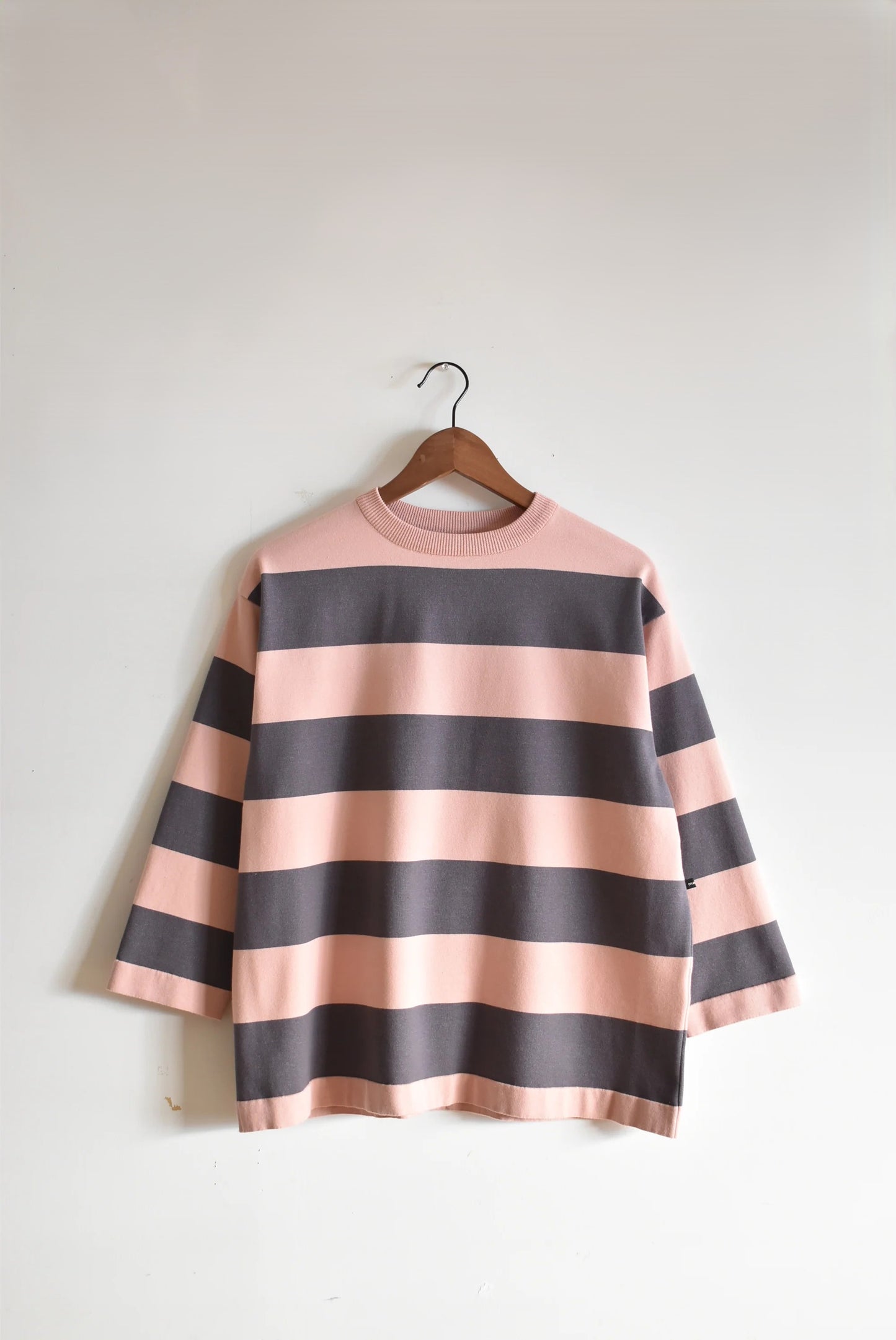 「maillot」wide border long T -gray/gray pink-