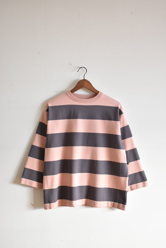 「maillot」wide border long T -gray/gray pink-