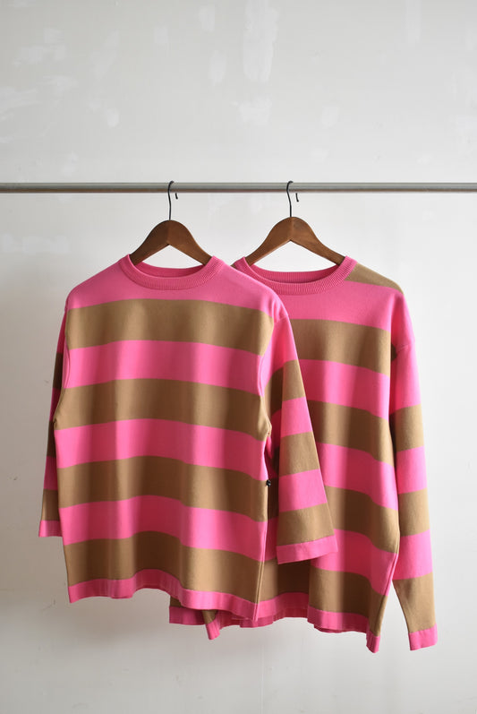 「maillot」wide border long T -pink/beige-