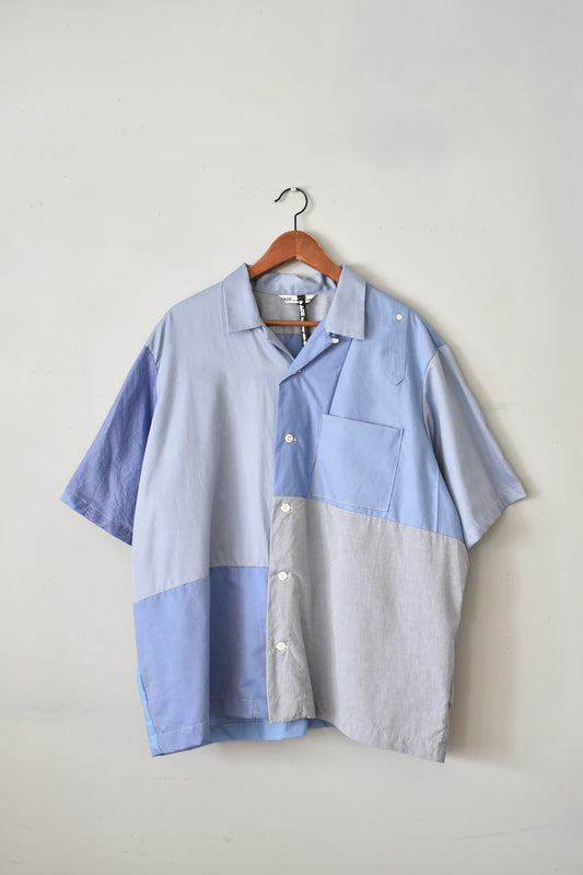 「SUNNY SIDE UP」remake patchwork open collar shirts -blue mix/size3-