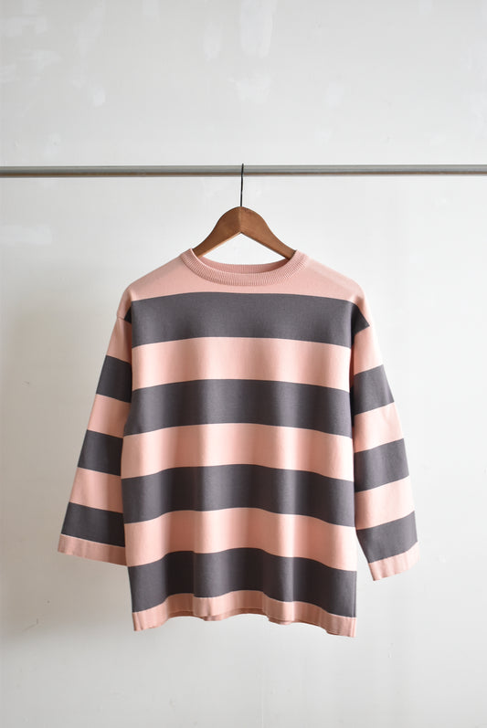 「maillot」wide border long T -gray/gray pink-
