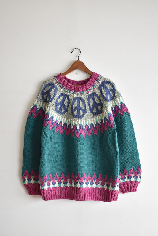 「HAVE A GRATEFUL DAY」peace pattern wool knit crew -teal-